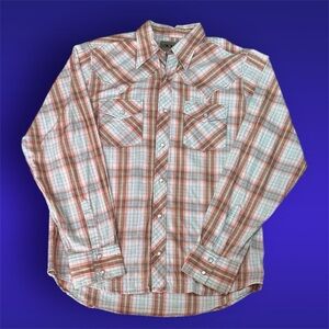 Western Orange Teal White Plaid Pearl Snap Shirt Men’s sz L